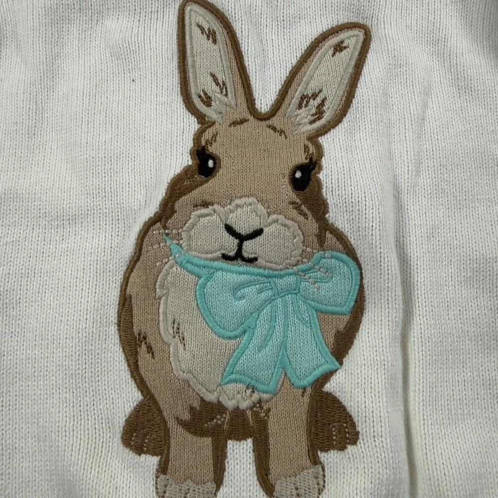 Gymboree Girls White Cotton Knit Bunny Rabbit Sweater Teal Bow 2T